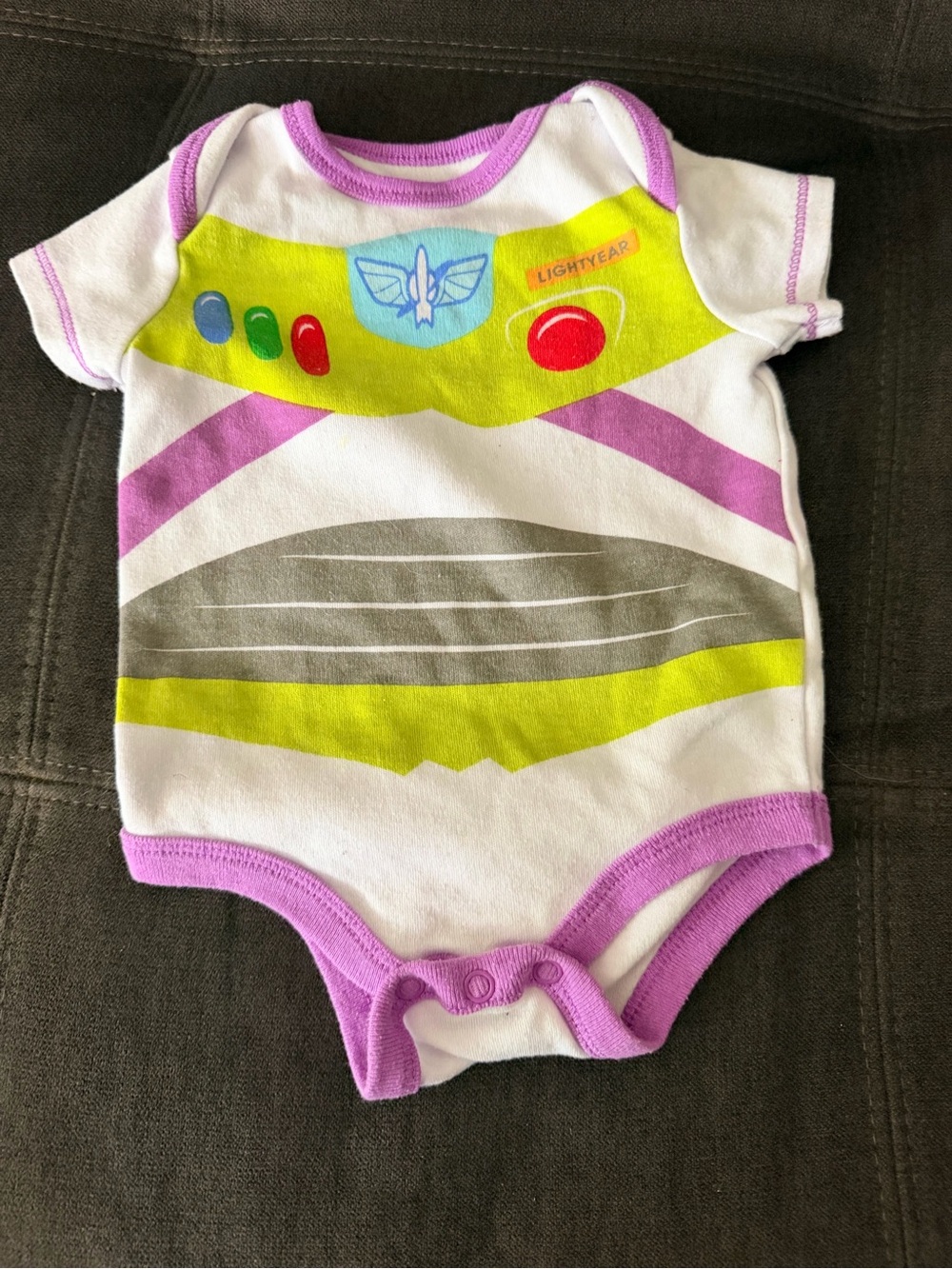 Disney White, Purple and Yellow Buzz Lightyear Baby One-Piece Bodysuit